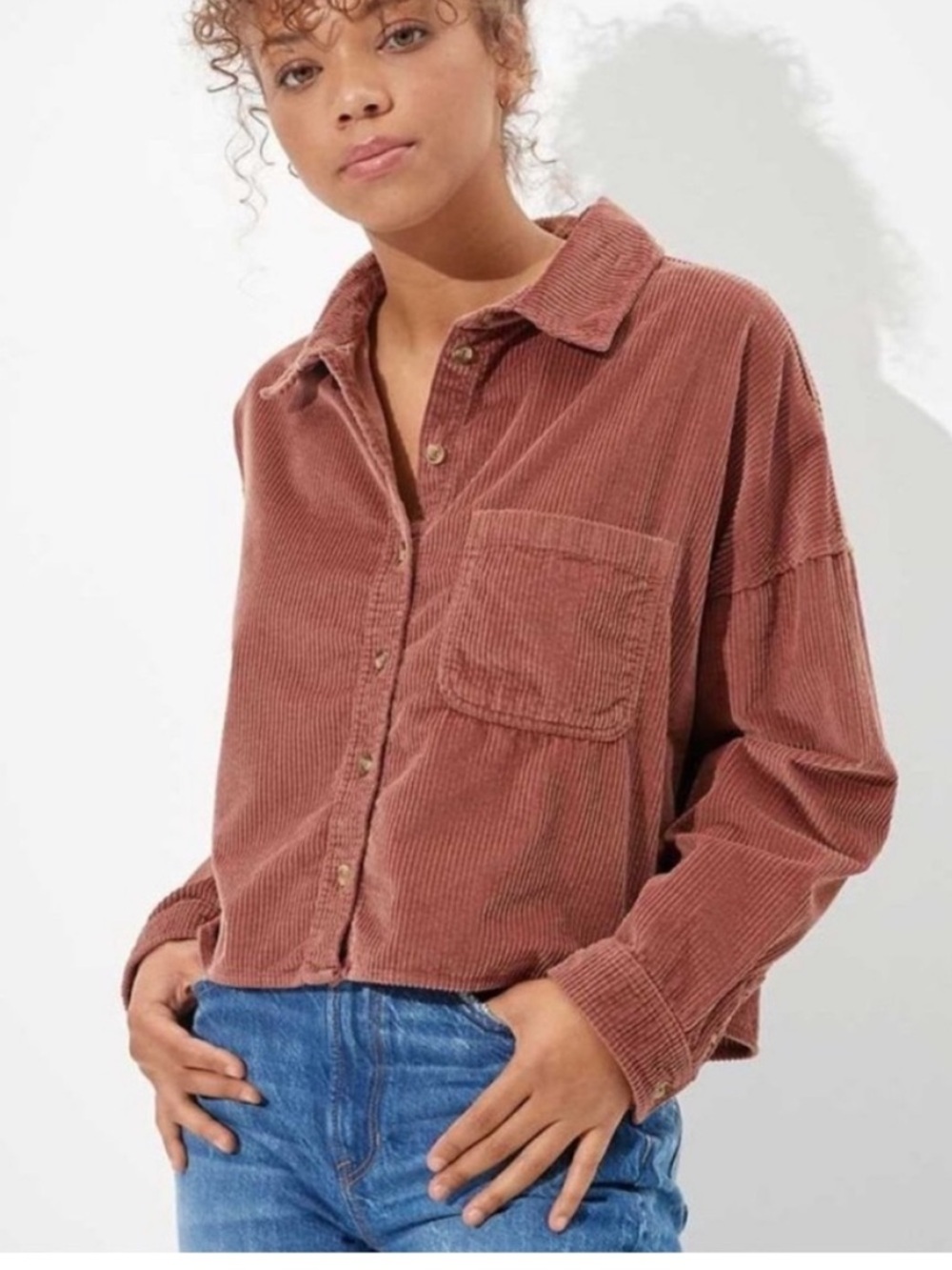 American Eagle Corduroy Cropped Button Up Shirt XL